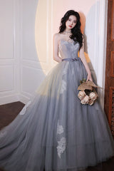 Gray Prom Dress Tulle Lace Long Formal Evening Dress