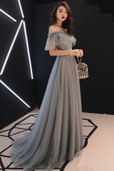 Gray Prom Dress Tulle Lace Long Formal Evening Dress