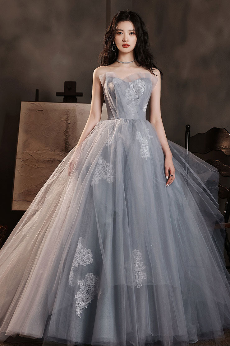 Gray Prom Dress Tulle Lace Long Formal Evening Dress