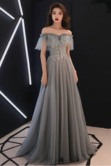 Gray Prom Dress Tulle Lace Long Formal Evening Dress