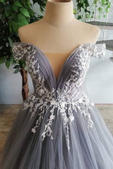 Gray Prom Dress Tulle Lace Long Formal Gown Evening Dress