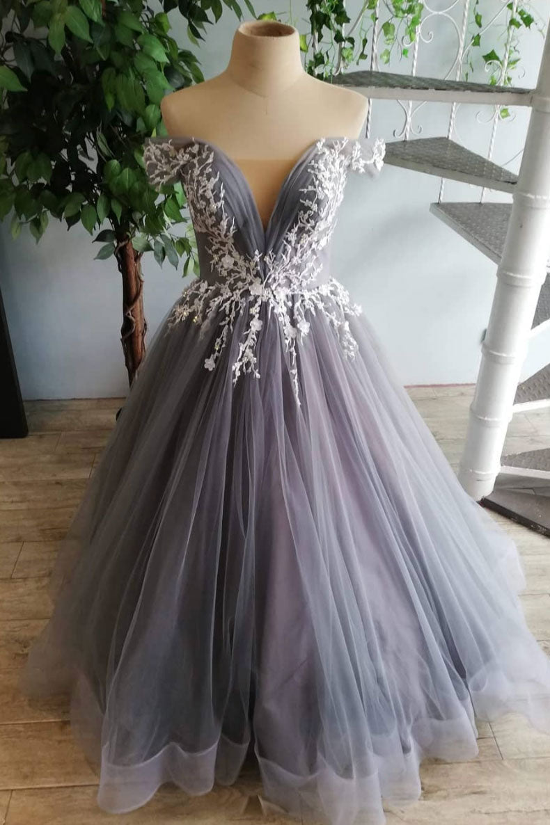Gray Prom Dress Tulle Lace Long Formal Gown Evening Dress