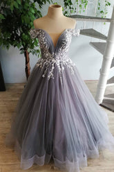 Gray Prom Dress Tulle Lace Long Formal Gown Evening Dress
