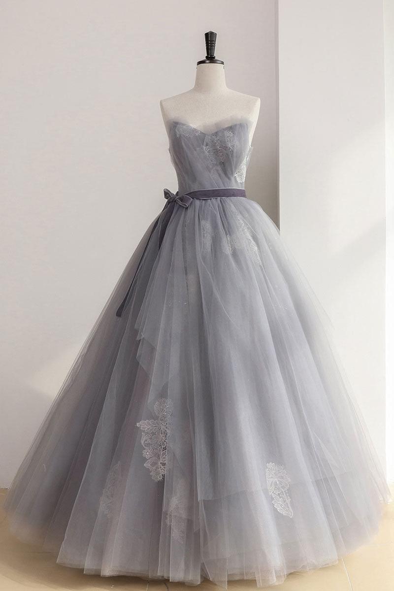 Gray Prom Dress Tulle Lace Long Sweet 16 Dress Formal Gown Evening Dress