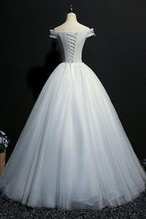 Ivory Prom Dress Tulle Lace Off the Shoulder Long Evening Dress