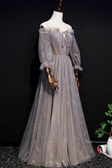 Gray Prom Dress Tulle Long Evening Dress