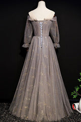 Gray Prom Dress Tulle Long Evening Dress