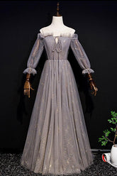 Gray Prom Dress Tulle Long Evening Dress