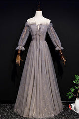 Gray Prom Dress Tulle Long Evening Dress
