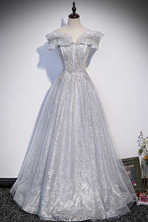 Gray Prom Dress Tulle Long Formal Dress Evening Dress