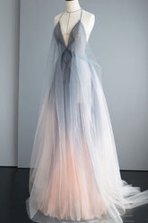 Gray Prom Dress Tulle Long Formal Gown Evening Dress