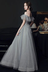 Gray Prom Dress Tulle Off the Shoulder Long Formal Dress Evening Dress