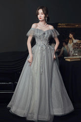 Gray Prom Dress Tulle Off the Shoulder Long Formal Dress Evening Dress