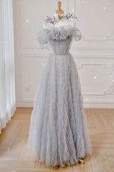 Gray Prom Dress Tulle Off the Shoulder Long Formal Gown Evening Dress