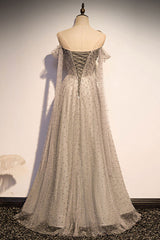 Gray Prom Dress Tulle One Shoulder Long Formal Gown Evening Dress