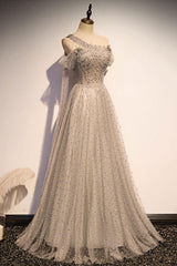 Gray Prom Dress Tulle One Shoulder Long Formal Gown Evening Dress
