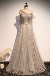 Gray Prom Dress Tulle One Shoulder Long Formal Gown Evening Dress
