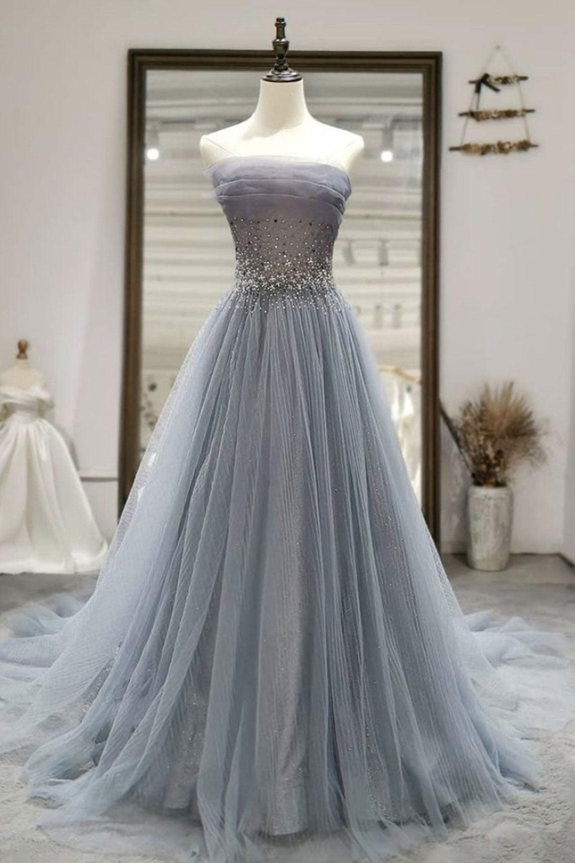 Gray Prom Dress Tulle Sequin Long Formal Dress Evening Dress