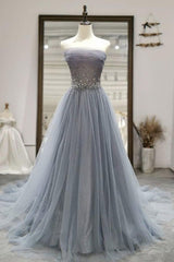 Gray Prom Dress Tulle Sequin Long Formal Dress Evening Dress