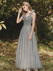 Gray Prom Dress Tulle Sequin Tea Length Evening Dress