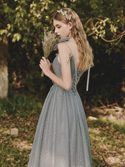 Gray Prom Dress Tulle Sequin Tea Length Evening Dress