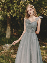 Gray Prom Dress Tulle Sequin Tea Length Evening Dress