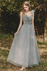 Gray Prom Dress Tulle Sequin Tea Length Evening Dress