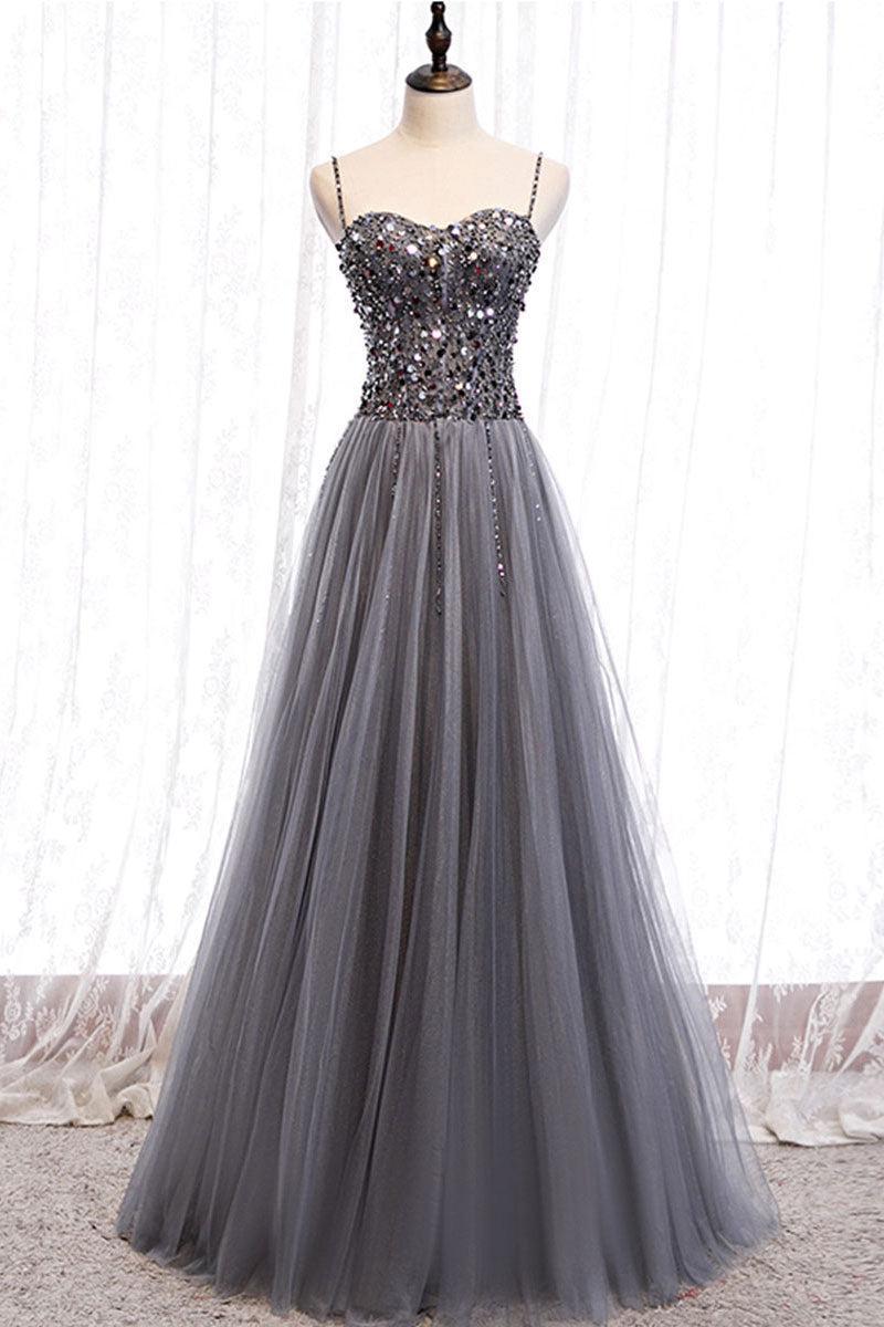 Gray Prom Dress Tulle Sweetheart Neck Sequin Long Formal Gown Evening Dress