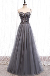 Gray Prom Dress Tulle Sweetheart Neck Sequin Long Formal Gown Evening Dress