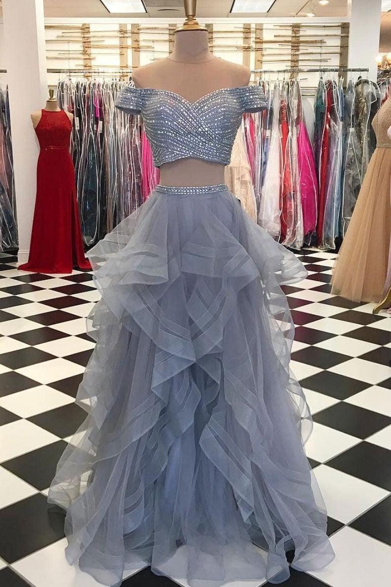 Gray Prom Dress Two Piece Tulle Sequin Long Evening Dress