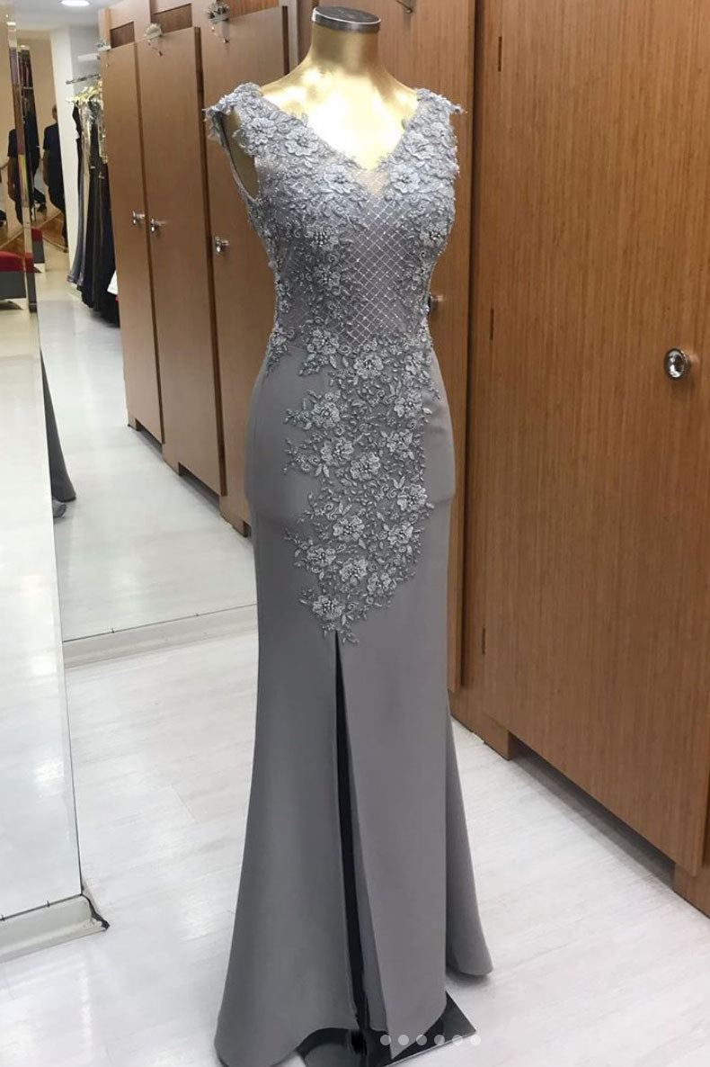 Gray Prom Dress V Neck Chiffon Lace Long Formal Gown Evening Dress
