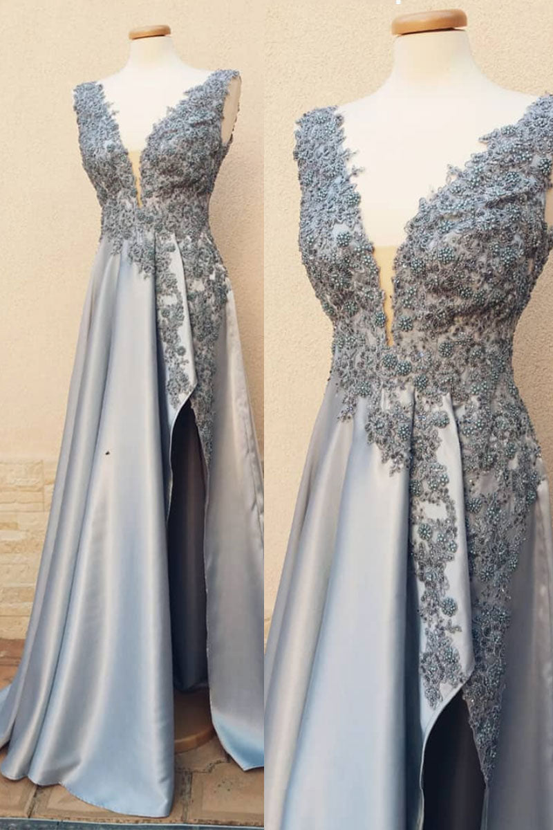 Gray Prom Dress V Neck Lace Short Evening Dress