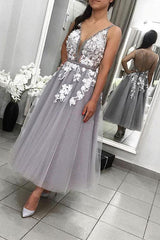 Gray Prom Dress V Neck Lace Tulle Formal Gown Evening Dress