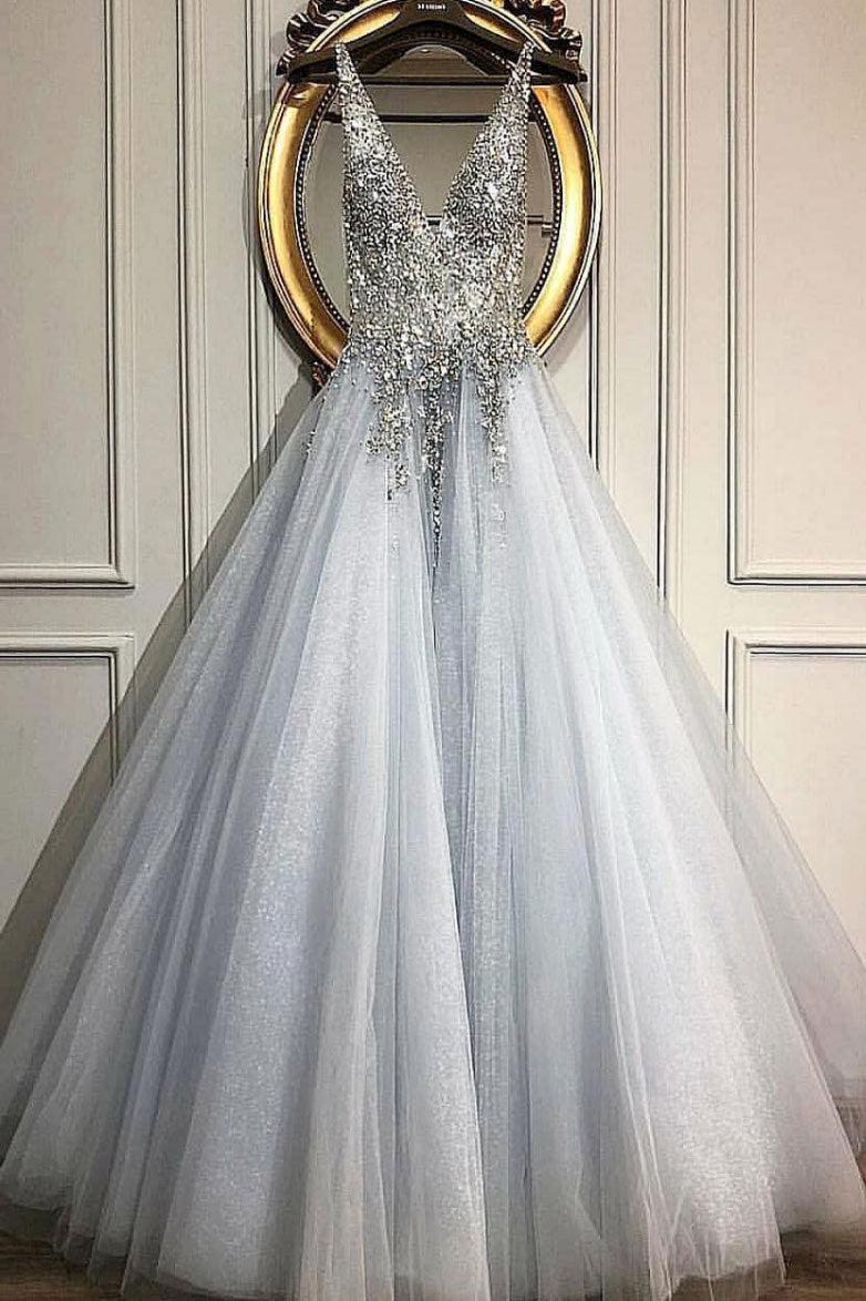 Gray Prom Dress V Neck Sequin Tulle Long Formal Evening Dress