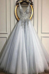 Gray Prom Dress V Neck Sequin Tulle Long Formal Evening Dress