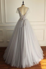 Gray Prom Dress V Neck Tulle Lace Appliques Long Evening Dress