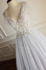 Gray Prom Dress V Neck Tulle Lace Appliques Long Evening Dress