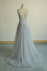 Gray Prom Dress V Neck Tulle Lace Long Evening Dress