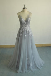 Gray Prom Dress V Neck Tulle Lace Long Evening Dress