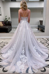 Gray Prom Dress V Neck Tulle Lace Long Formal Gown Evening Dress