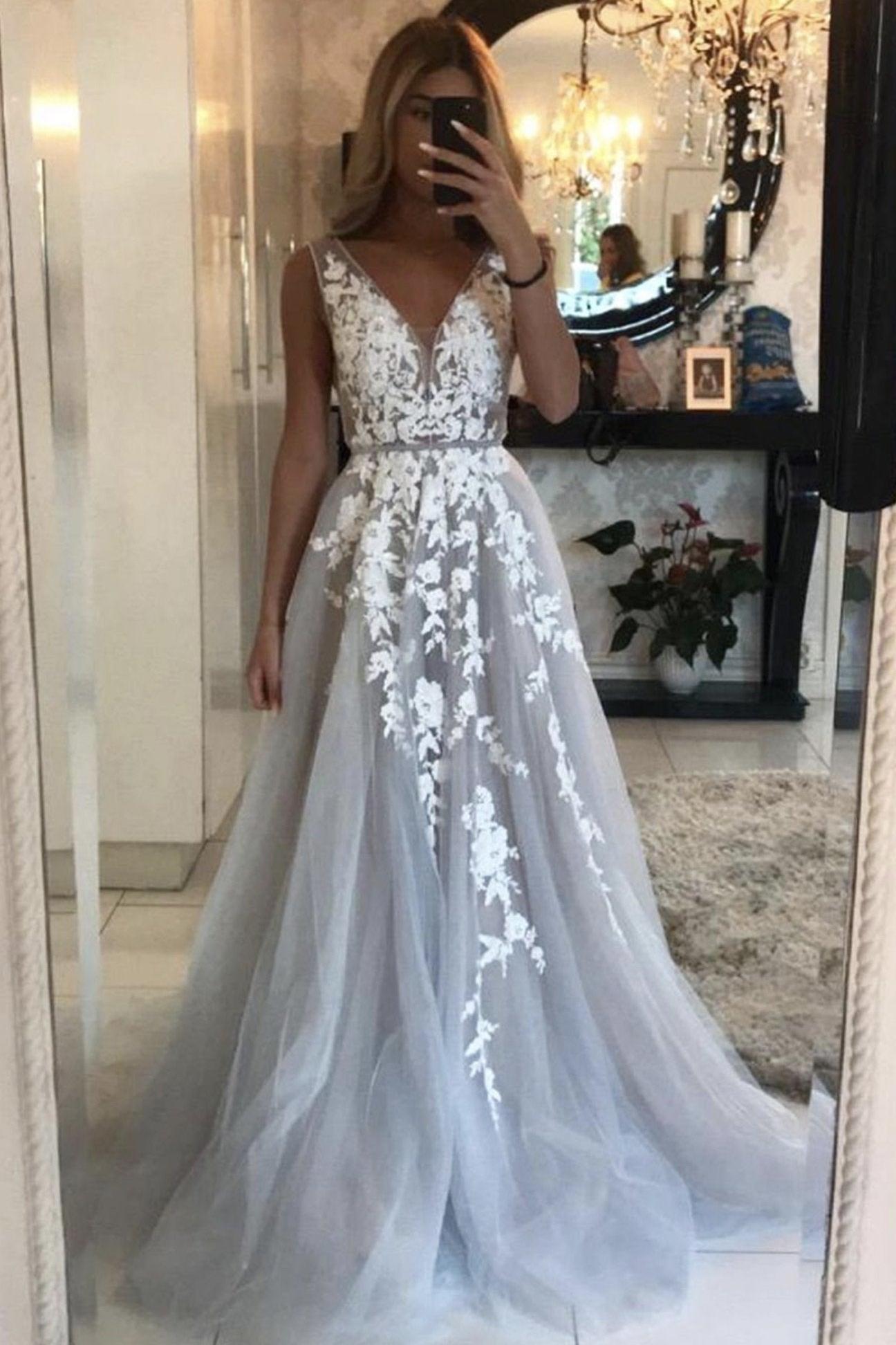Gray Prom Dress V Neck Tulle Lace Long Formal Gown Evening Dress