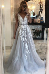 Gray Prom Dress V Neck Tulle Lace Long Formal Gown Evening Dress