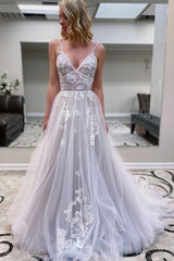Gray Prom Dress V Neck Tulle Lace Long Formal Gown Evening Dress