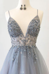 Gray Prom Dress V Neck Tulle Long Evening Dress