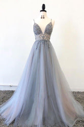 Gray Prom Dress V Neck Tulle Long Evening Dress