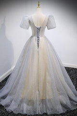 Gray Prom Dress V Neck Tulle Sequin Long Formal Dress Evening Dress