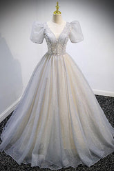 Gray Prom Dress V Neck Tulle Sequin Long Formal Dress Evening Dress