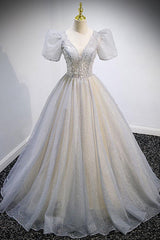 Gray Prom Dress V Neck Tulle Sequin Long Formal Dress Evening Dress