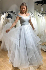 Gray Prom Dress V Neck Tulle Sequin Long Formal Evening Dress