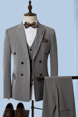 Gray Striped Peaked Lapel 3 Piece Single Breasted Business Suit for Men